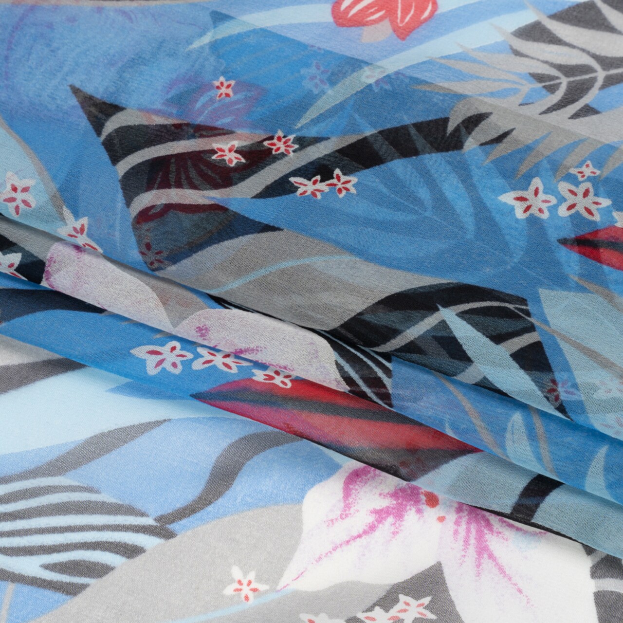 1 Yard Blue, Black and Red Tropical Flora Silk Chiffon Lightweight Designer Fashion Fabric 54 inch Width